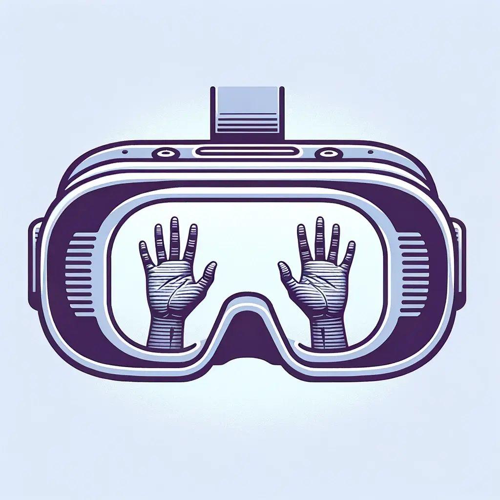 A pair of hands seen through a stylized VR headset