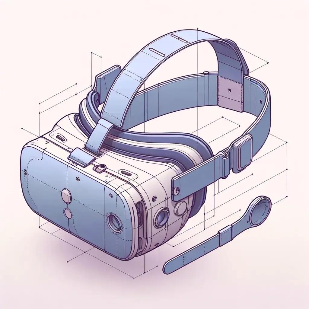 Technische Zeichnung eines VR-Headsets mit Gitterlinien