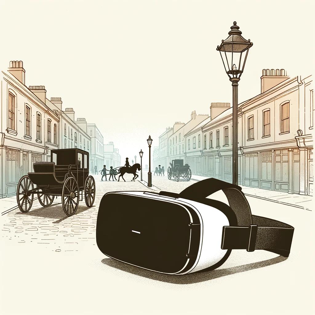 Stilisierte Darstellung eines VR-Headsets, das auf einer viktorianischen Straße liegt