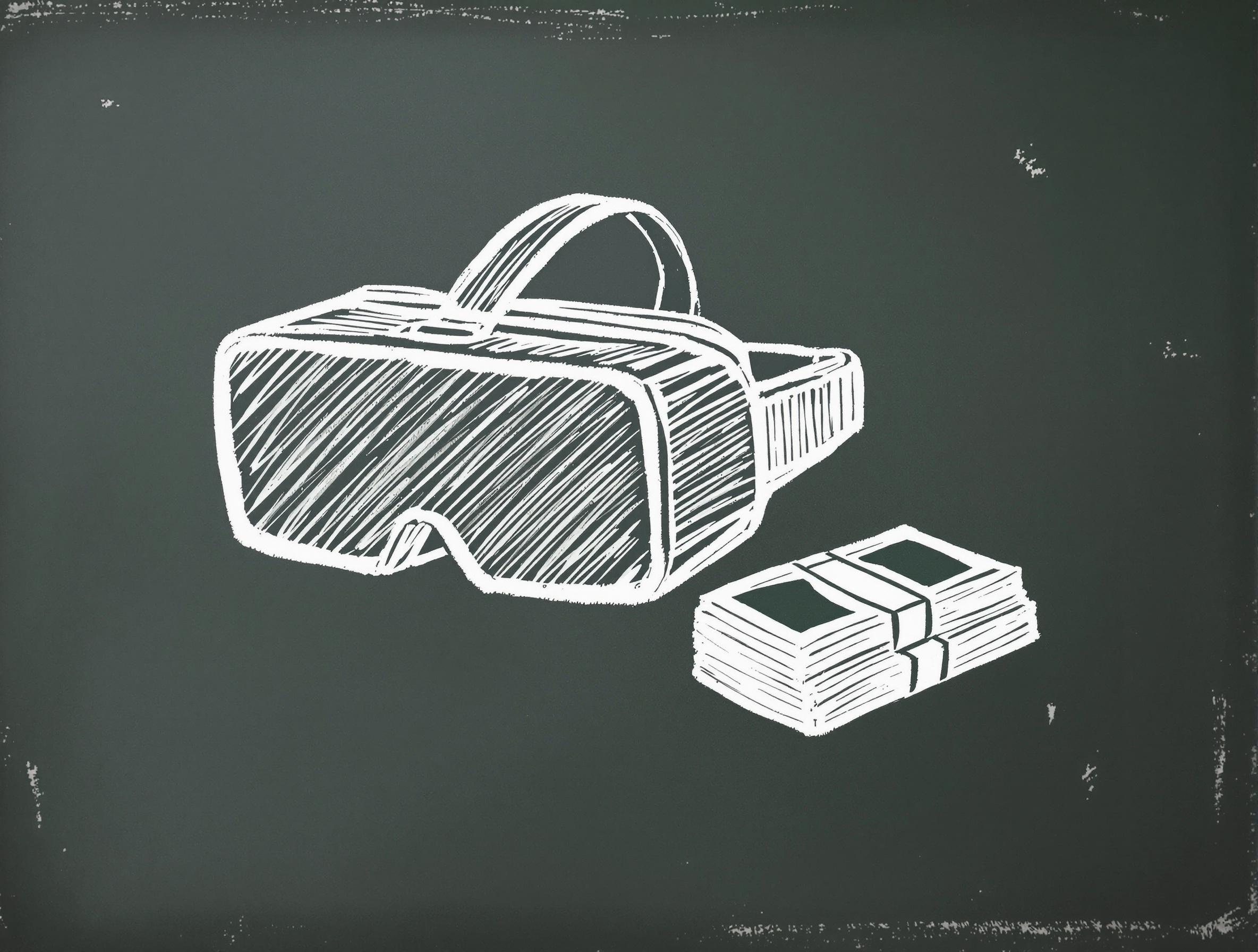 Kreidezeichnung eines VR-Headsets auf einer Tafel, daneben ein Bündel Geldscheine