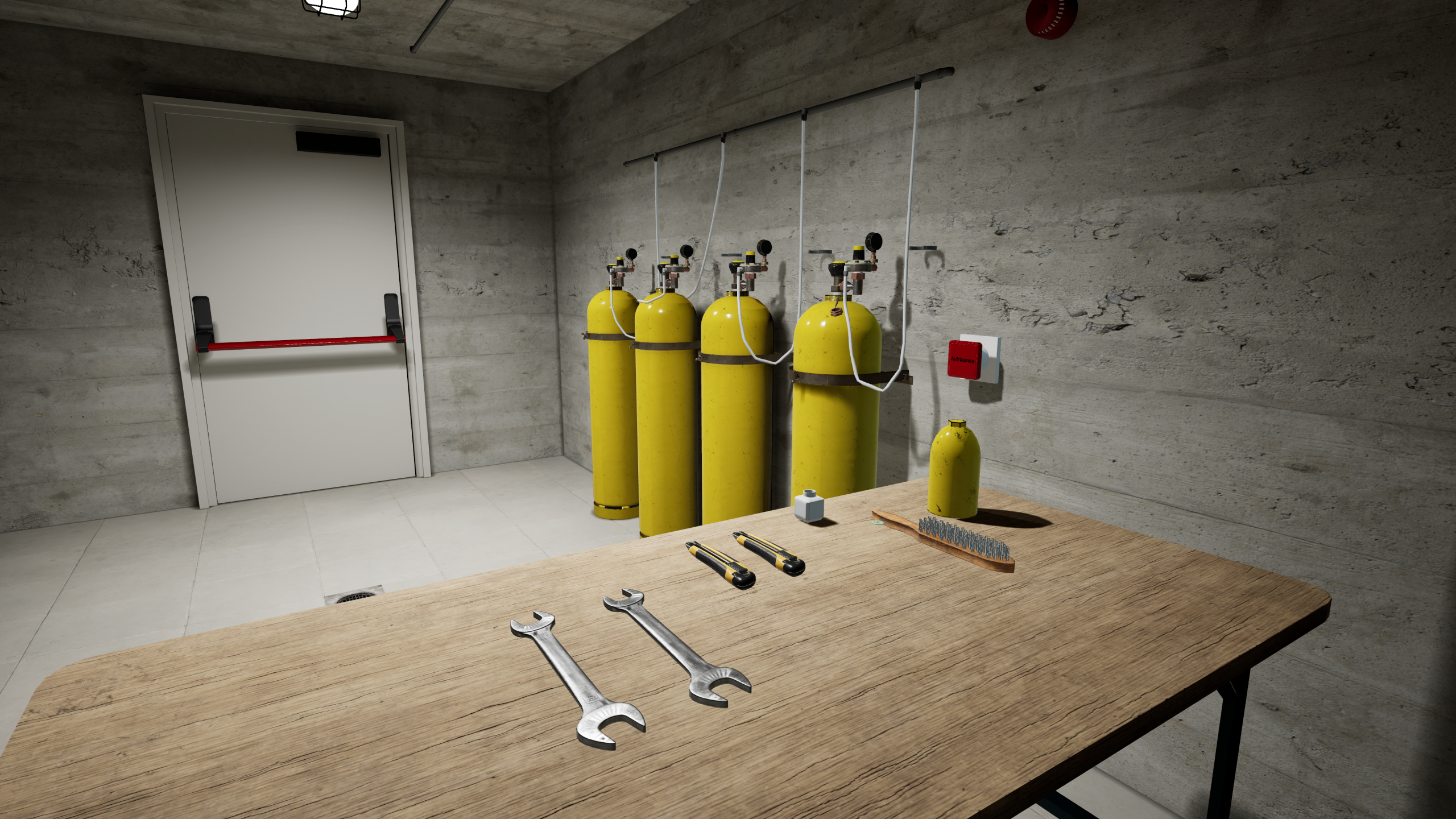Chlorgasflaschen an einer Wand mit Werkzeug auf einem Tisch - Teil des Projekts zum Training von Chlorgasflaschenwechseln